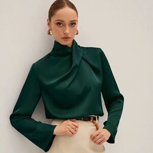 COMMENSE Elegant Green Satin Women's Top, Size Med, NWT